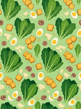 Caesar salad ingredients seamless pattern on green background