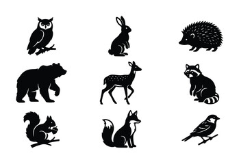 Obraz premium Forest Woodland Animals Vector Icons Set, Cute Wildlife Silhouettes for Nature Designs, Black and White Forest Creatures Collection