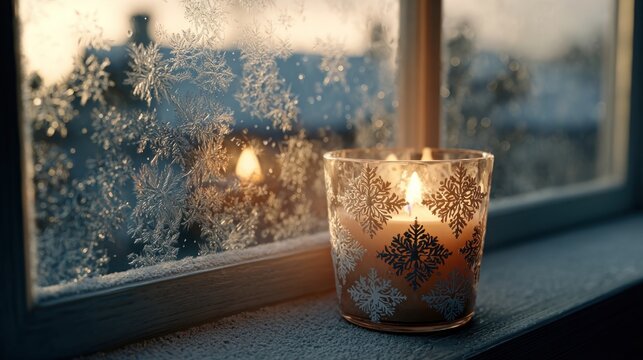 candlelit window decorated for Christmas with frost patterns on the glass,