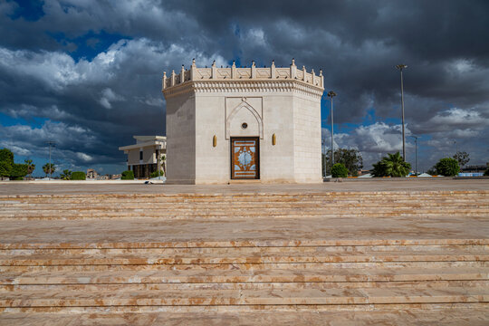 Omar al-Mukhtar mausoleum stands in Benghazi under a cloudy sky in Eastern Libya