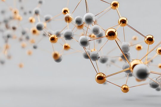 Abstract 3D rendering of a molecular network with gold and white spheres connected by thin metallic lines on grey.