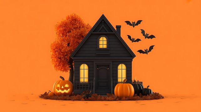 Spooky halloween house with pumpkins and bats 3d render
