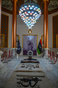 The chandelier hangs above the memorial area in the mausoleum dedicated to Omar al-Mukhtar