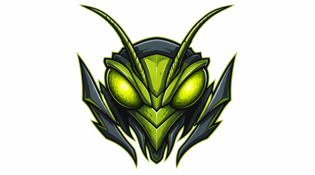 Stylized Green Mantis Insect Head Illustration.