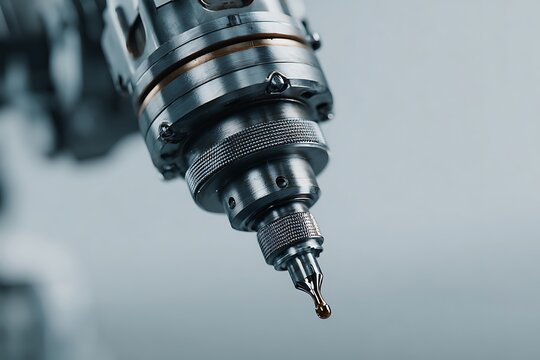 A highly detailed macro shot of a sophisticated robotic precision tool with a metallic finish and a golden tip.