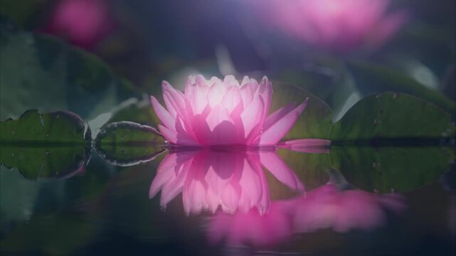 Pink lotus flower reflected on the water surface of a pond. Shallow depth of field. Blur background