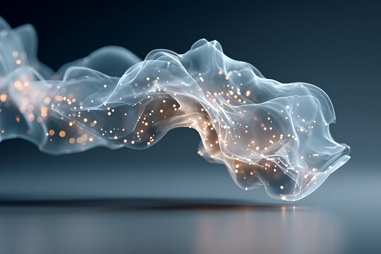 An abstract 3D render of a translucent flowing wave filled with glowing golden particles against a dark blue background.