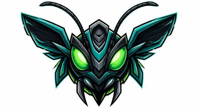 Stylized Mechanical Insect Head with Glowing Green Eyes.