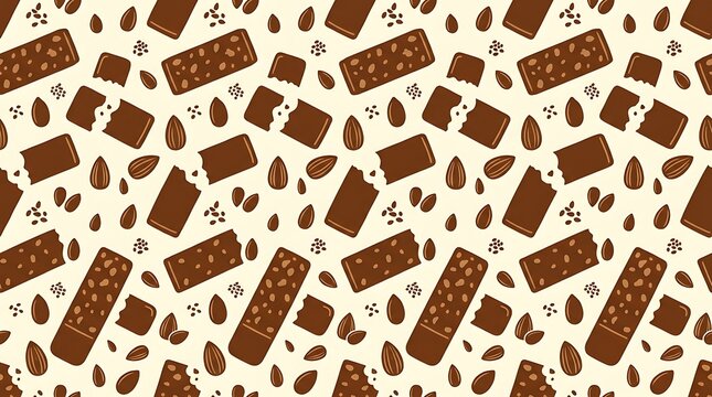 Seamless pattern of chocolate bars and almonds on cream background