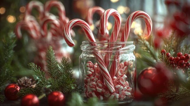 Candy canes in glass jar surrounded by Christmas decorations,