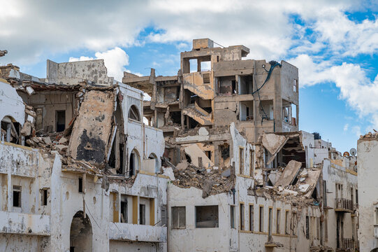 Reconstruction efforts at a mosque site in the center of Benghazi Eastern Libya show damaged buildings