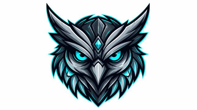 Stylized Owl Head with Glowing Blue Eyes and Metallic Feathers.