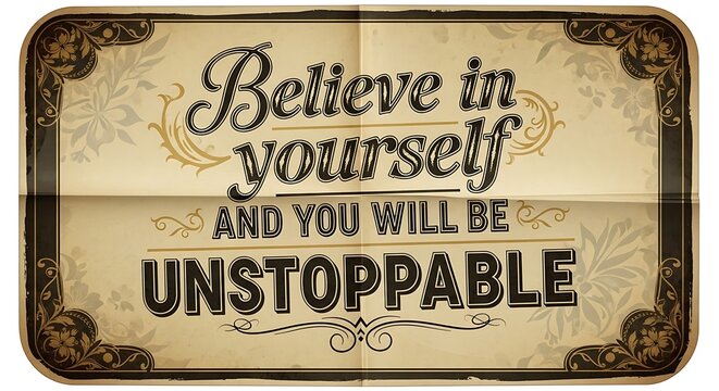 A vintage-style motivational sign with ornate borders and a beige background
