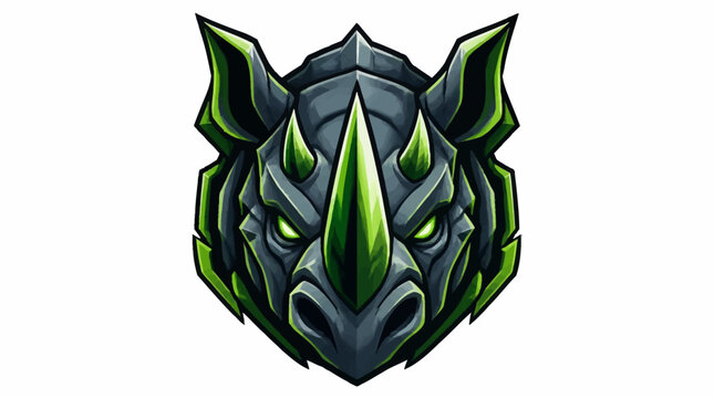 Stylized Rhinoceros Head Mascot Fierce Green Eyes.