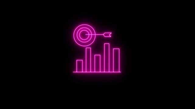 Business goal setting concept with pink neon bar graph and bullseye on black background.