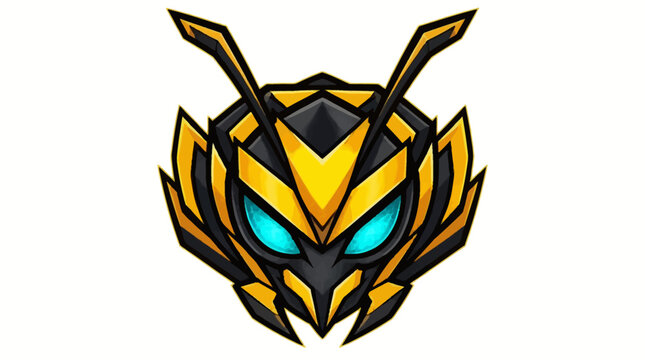 Stylized Robotic Bee Head with Glowing Blue Eyes.