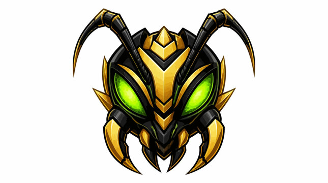 Stylized Robotic Insect Head with Glowing Green Eyes.