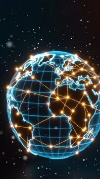 Digital globe visualization transitions from a dark background to illuminated continents and network connections, showcasing global connectivity and technological advancement