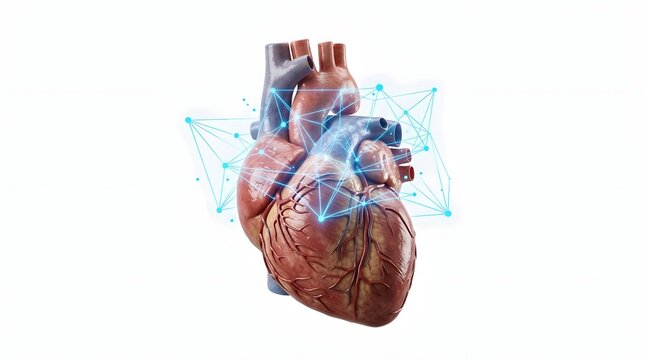 Rendered human heart displaying biological connections, blue glowing network, scientific healthcare concept.