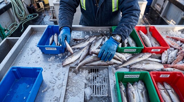 fresh fish sorting seafood processing commercial fishing vessel catch ice Gloved worker grades mixed catch into bins on deck showing quality control cold storage and responsible food supply