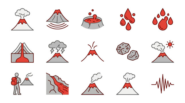 Industrial Set of Volcanic Eruptions and Related Geological Phenomena in Red and Gray with high quality professional line art symbols for modern creative design and digital branding projects