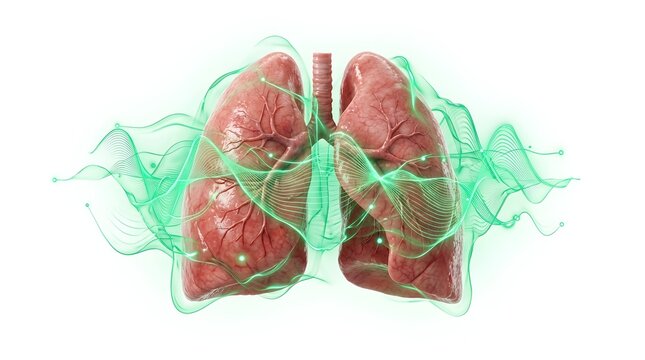 Digitally rendered healthy human lungs radiating green light waves on a clean white background for medical and wellness campaigns