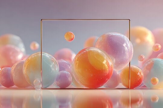 A collection of colorful translucent spheres and a gold frame resting on a reflective surface in a dreamy atmosphere.