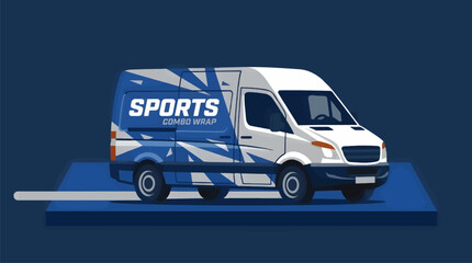 White Cargo Van with Bold Royal Blue and Silver Sports Graphic Wrap, Modern Flat Design Illustration on Dark Blue Background, Commercial Vehicle Concept © Noviza