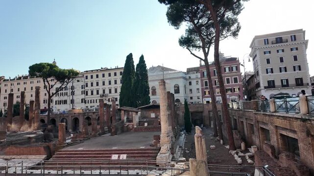 View of the historic Largo di Torre Argentina archaeological site in Rome Italy