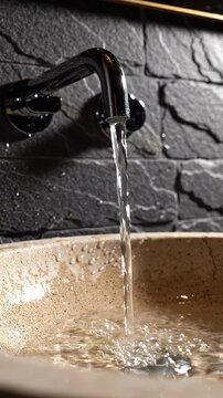 Water flows from a modern chrome faucet into a textured stone sink, capturing the continuous motion of liquid as it fills the basin in a stylish bathroom setting