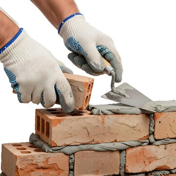 A person in gloves building a brick wall with mortar