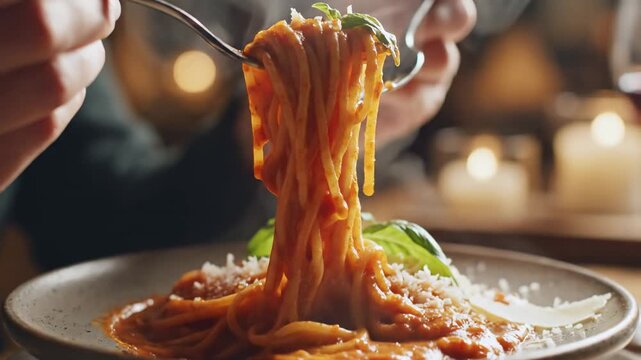 A hungry person expertly twirls savory tomato pasta noodles with a metal fork from a rustic dinner plate while enjoying a warm candlelight romantic atmosphere during an evening feast at home