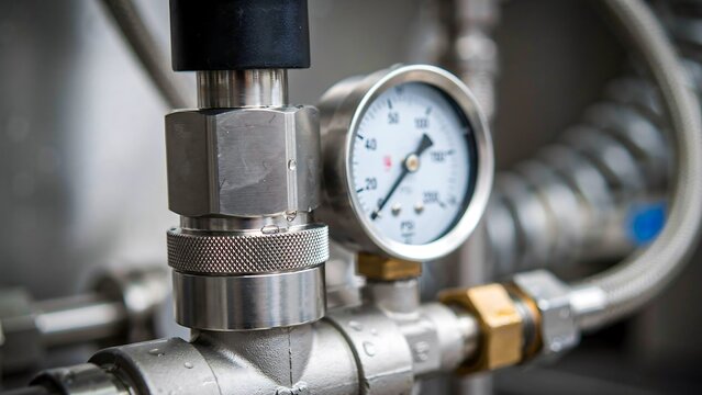 Industrial pressure gauge mounted on metal pipeline for engineering and process monitoring