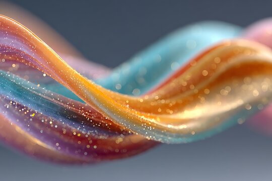 Vibrant abstract 3D flowing ribbons with shimmering gold glitter and soft bokeh effects against a dark grey background.