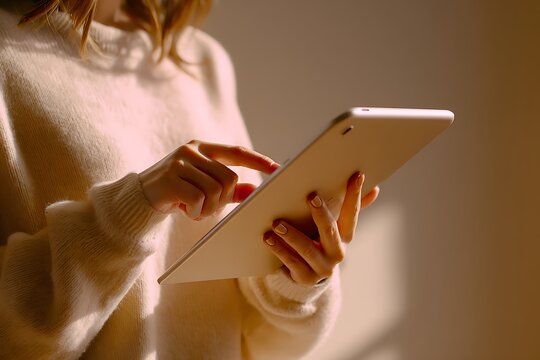 A woman in a cozy cream sweater uses a digital tablet in soft, warm sunlight for work or leisure.