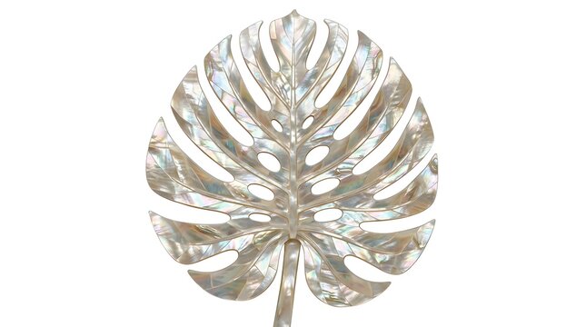 Shimmering silver metallic monstera leaf showcasing intricate fenestrations, isolated, studio shot. elegant tropical decorative element promoting design usage.