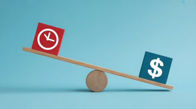 Concept of balancing time and money on a wooden see-saw over a blue background