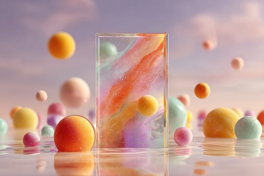 A surreal 3D composition featuring floating colorful spheres and a central glass block with swirling patterns over reflective water.