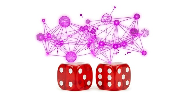 Two red dice with an intricate glowing purple digital network above, illustrating a conceptual business risk assessment for analytical visualization.