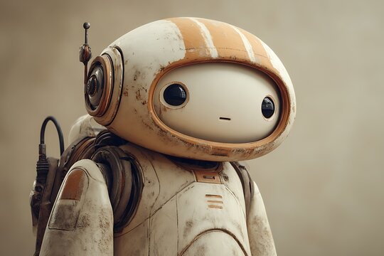 A cute, weathered white and orange robot with large black eyes stands against a neutral, minimalist background.