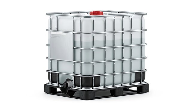 Large plastic industrial ibc water tank container with a metal cage frame sitting on a black pallet. ibc container