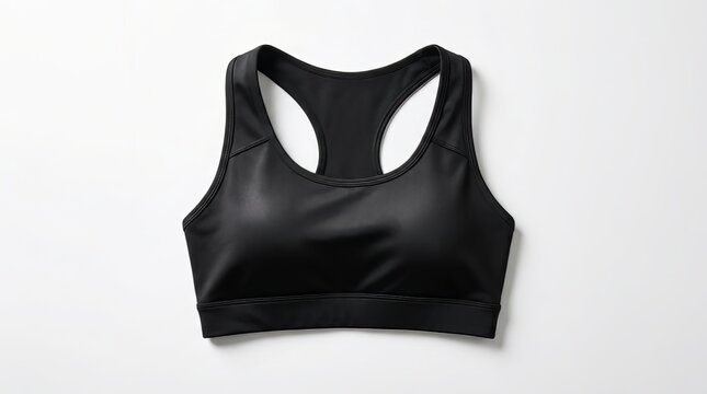 Top-down view of a sleek black sports bra with a racerback design, perfect for athletic activities and fitness, isolated on a clean white background, Professional Commercial Photography