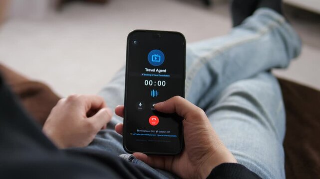 A user accepts a travel consultation call on a smartphone, transitioning from an incoming request to a live conversation. The timer advances, capturing the moment a travel agent connects to assist 