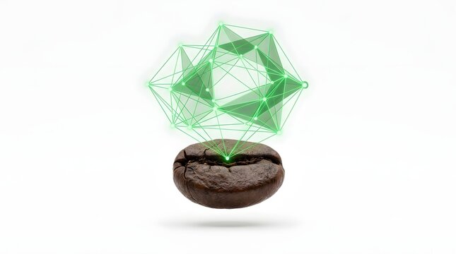Roasted coffee bean displaying a radiant green polygonal data network, ideal modern technology commercial applications.
