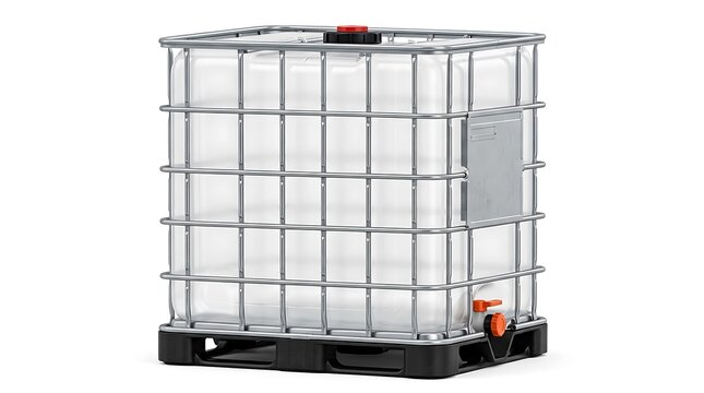 Large industrial plastic liquid storage tank inside a metal cage frame on a black shipping pallet base. ibc container