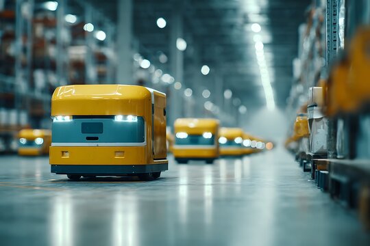 A fleet of yellow autonomous mobile robots efficiently navigating a modern, high-tech warehouse for automated logistics and distribution.
