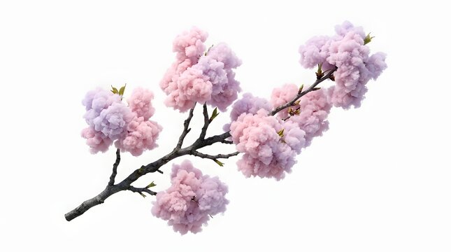 Delicate pastel pink and purple cherry blossom branch with fluffy cloud-like blooms, isolated close-up studio shot for elegant design elements.