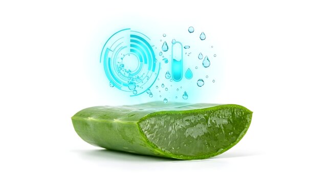 Vibrant green aloe vera leaf cross-section with futuristic blue glowing hydration graphic on a bright studio white background, perfect for health and wellness visuals