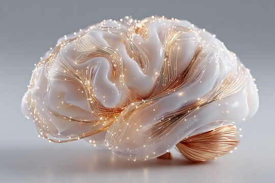 A futuristic 3D render of a white glossy human brain intertwined with glowing golden wires and neural light points.