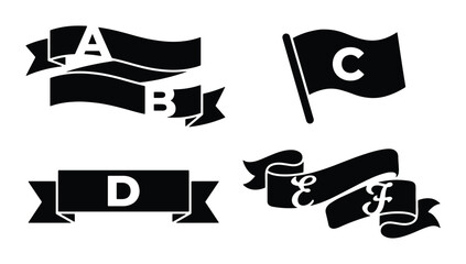 Set of 4 Black Ribbon Banners with Letters A B C D E F, Vintage Style Decorative Elements for Design © PERFECT QUALITY